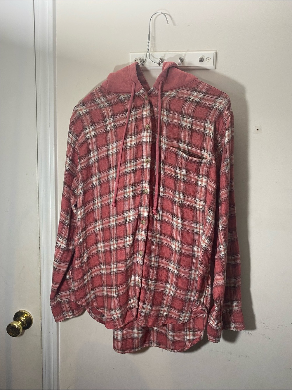 American Eagle Women's Plaid Pullover Hoodie Pink/White Size S Hooded Logo